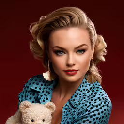 a young woman holding a teddy bear with a red background