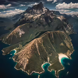 an aerial view of the mountains and waters