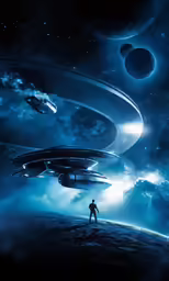 a person standing on a large object in space