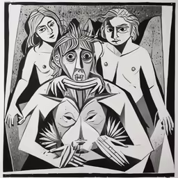 the three faces of a woman are seen in this black and white drawing