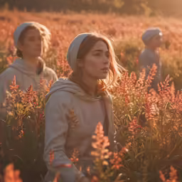 woman wearing hoodie walking in field surrounded by flowers