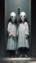 two people standing in front of a doorway with faces that are shaped like people