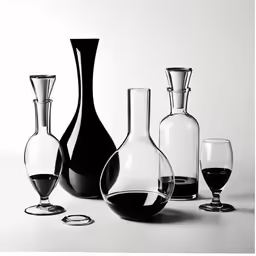 a black and white photo of bottles, vases and wine glasses