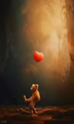 a teddy bear holding a red balloon in its mouth