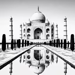 a black and white photo with the reflection of a building on it