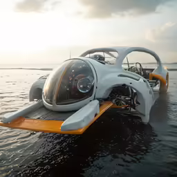 a modern looking vehicle floating on the water