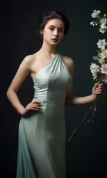 a beautiful young woman holding flowers in a blue dress
