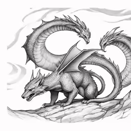 a black and white drawing of two dragon sitting together