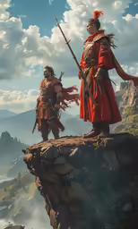 the two ancient men stand on top of the mountain