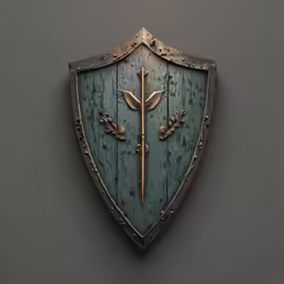 a close up of a wooden shield with metal details