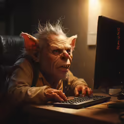 the elderly man is using his computer at night