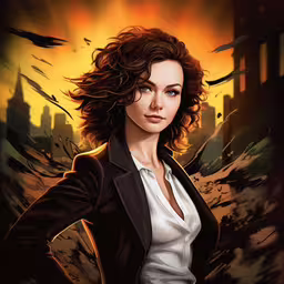 a drawing of a woman in a suit on a dark background,the girl with dark hair is standing next to an orange and black background