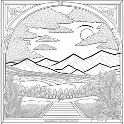 an image of a landscape that appears to be made with black and white coloring paper,an art nouveau landscape with a mountain range