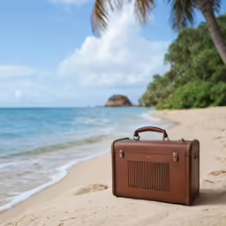 an old briefcase sitting in the sand near the ocean