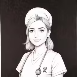 a portrait of a nurse in black and white