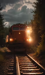 a red train going down tracks under a cloudy sky,train coming up the tracks in the sunset