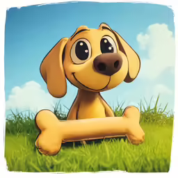 a cartoon dog with a bone in the grass