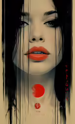 a painting of a woman with dark hair and red lipstick