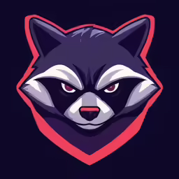a black and red raccoon mascot on black