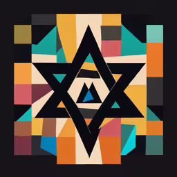 an abstract geometrical painting with black background,the jewish symbol is made of different colors