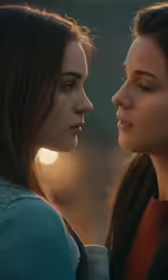 two women are staring towards each other as the sun is setting