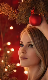 a woman wearing blue eyes with red ornaments on her head