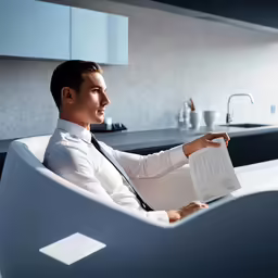 a man sitting in a chair holding papers