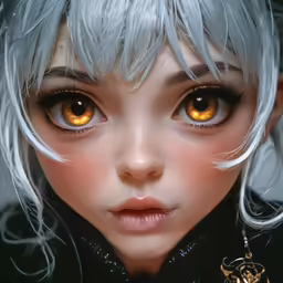 a close up of a female wearing large yellow eyes