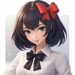 the anime girl with dark hair wearing a bow tie