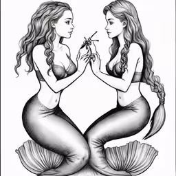 two mermaids greeting each other with a flower