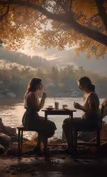 two people sitting at a table with cups in front of them