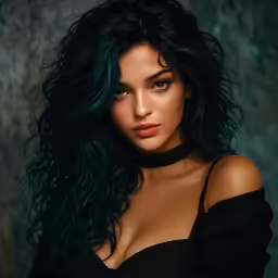 this photo is of a woman with big breast and blue hair
