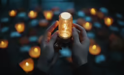 a person holding a light lantern in front of a bunch of candles