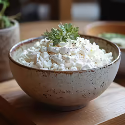 a bowl of cottage cheese sitting on a wooden table
