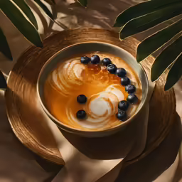 a cup with blueberries and latte art on it