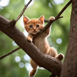 a baby cat sitting in a tree looking up