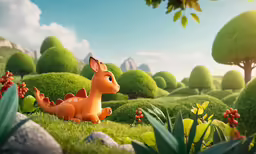 a cartoon of a small dinosaur standing in the middle of a green field