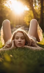 a beautiful young lady lying on a grassy field