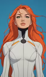 a woman with long red hair is dressed in white