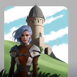 an image of a woman wearing a costume next to a castle