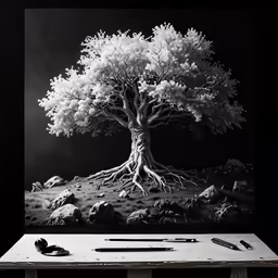 a table topped with a drawing and a pencil