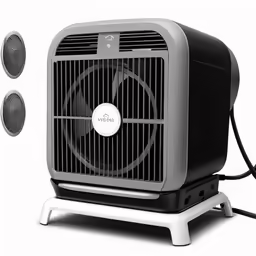 a portable fan heater with a power strip