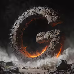 a fire breathing monster like object is on display in a darkened room