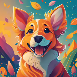 a dog is smiling while surrounded by autumn leaves