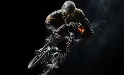 a skeleton riding on a motorcycle with a flashlight in its mouth