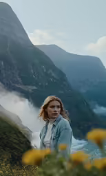 a woman stands in a field near a cliff