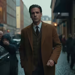 man wearing brown coat and black tie on cobblestone street