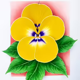 two yellow flowers with green leaves on a red and white square