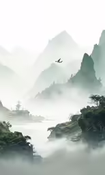 a bird flying through a foggy mountain valley