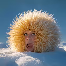 a woman in a fur covered hat with a surprised look